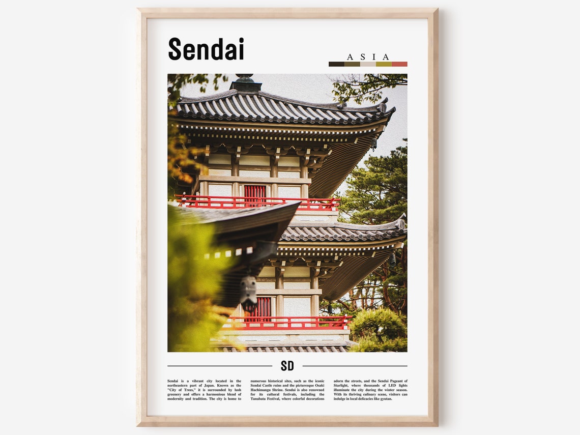 Sendai Pagoda Japan Temple Red Railings Photography Travel Poster
