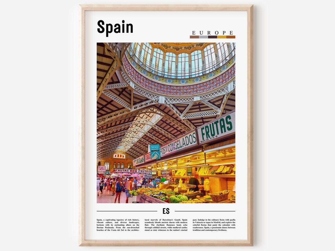 Spain Valencia Central Market Dome Colorful Food Hall Travel Poster