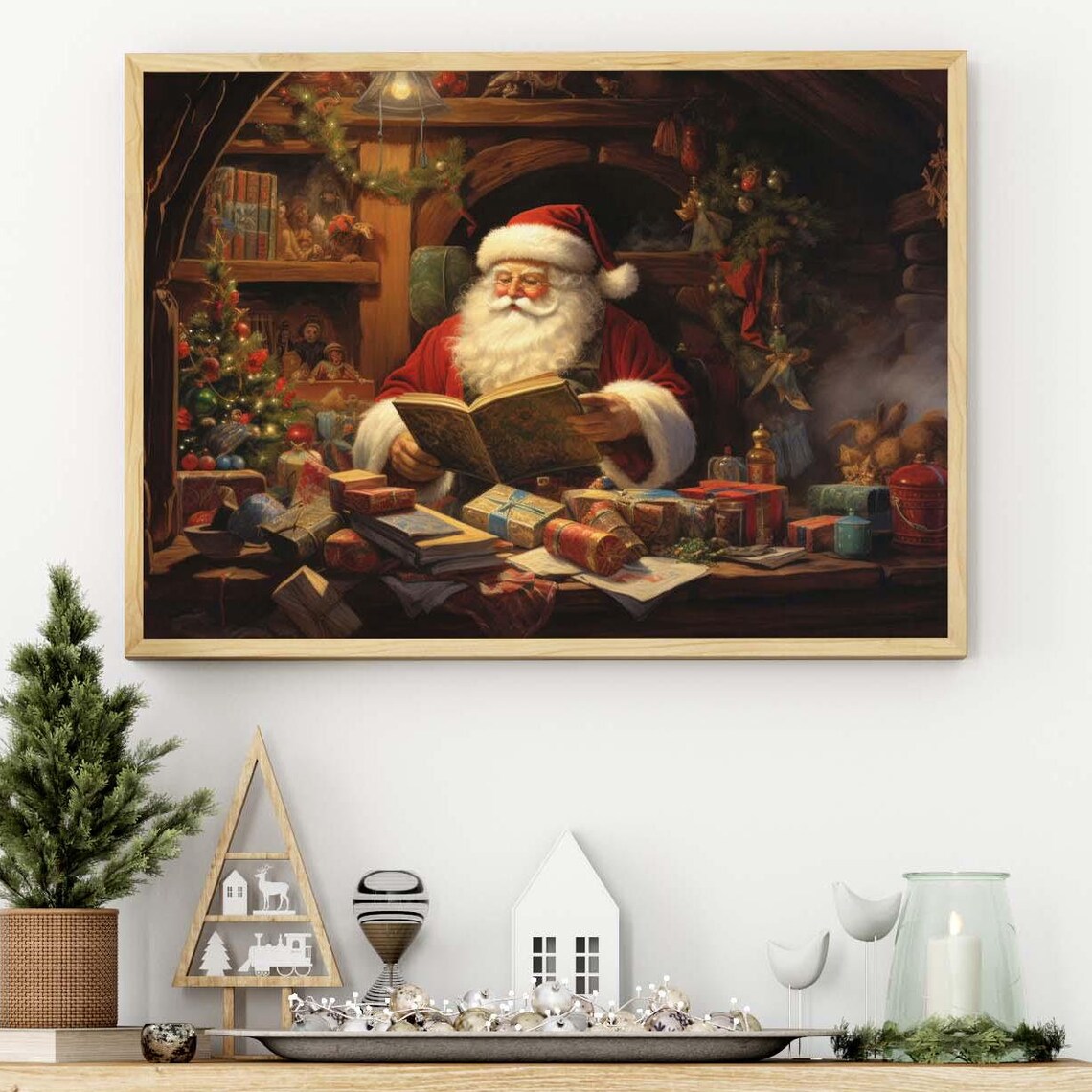 Vintage Santa Claus Workshop Christmas Art Print