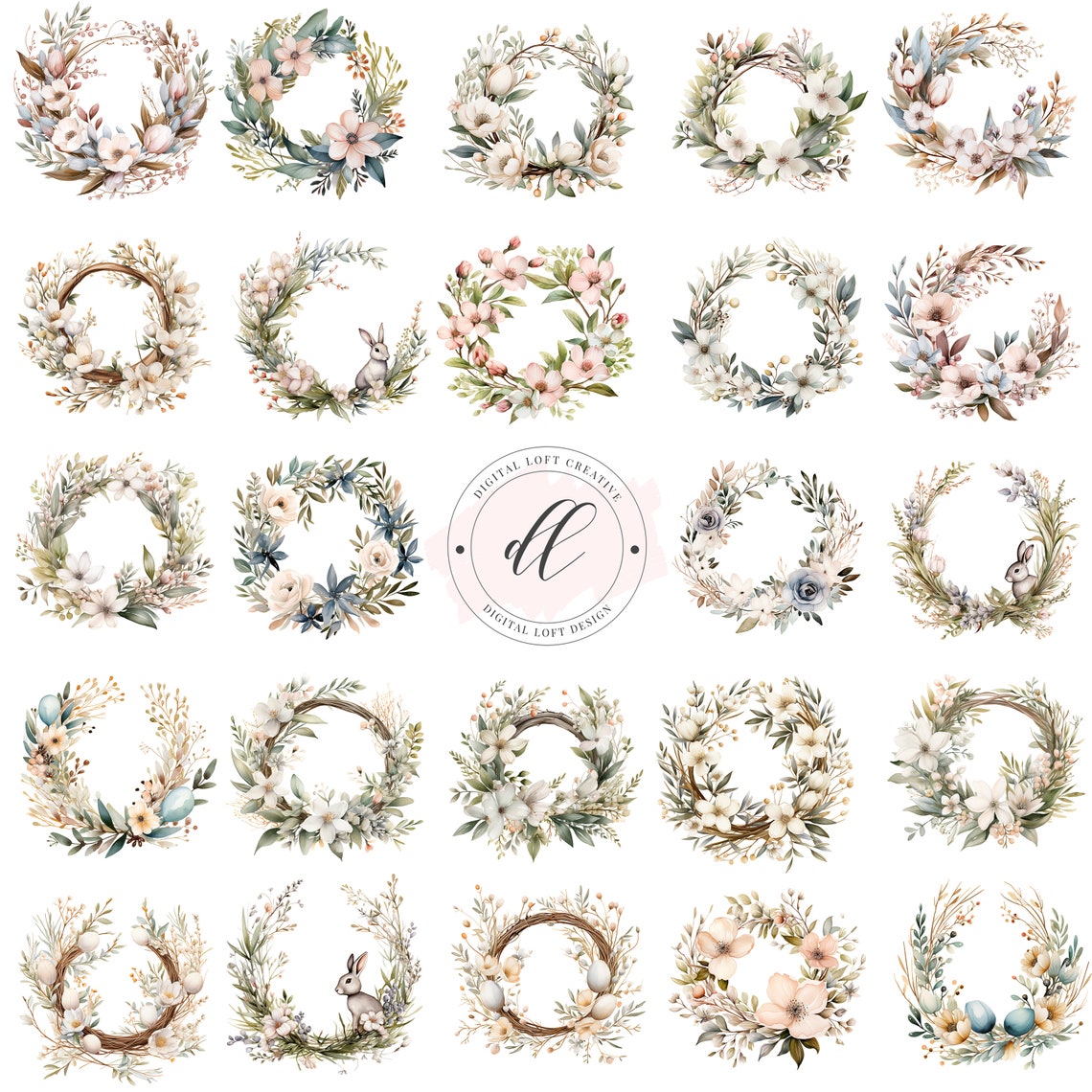 Floral Wreath Collection Watercolor Twenty Five Botanical Art Poster