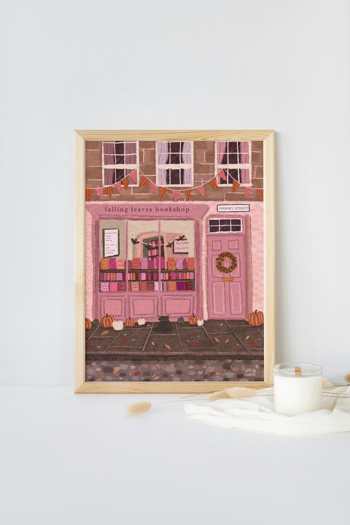 Book Shop Print, Autumn Halloween Wall Art Print
