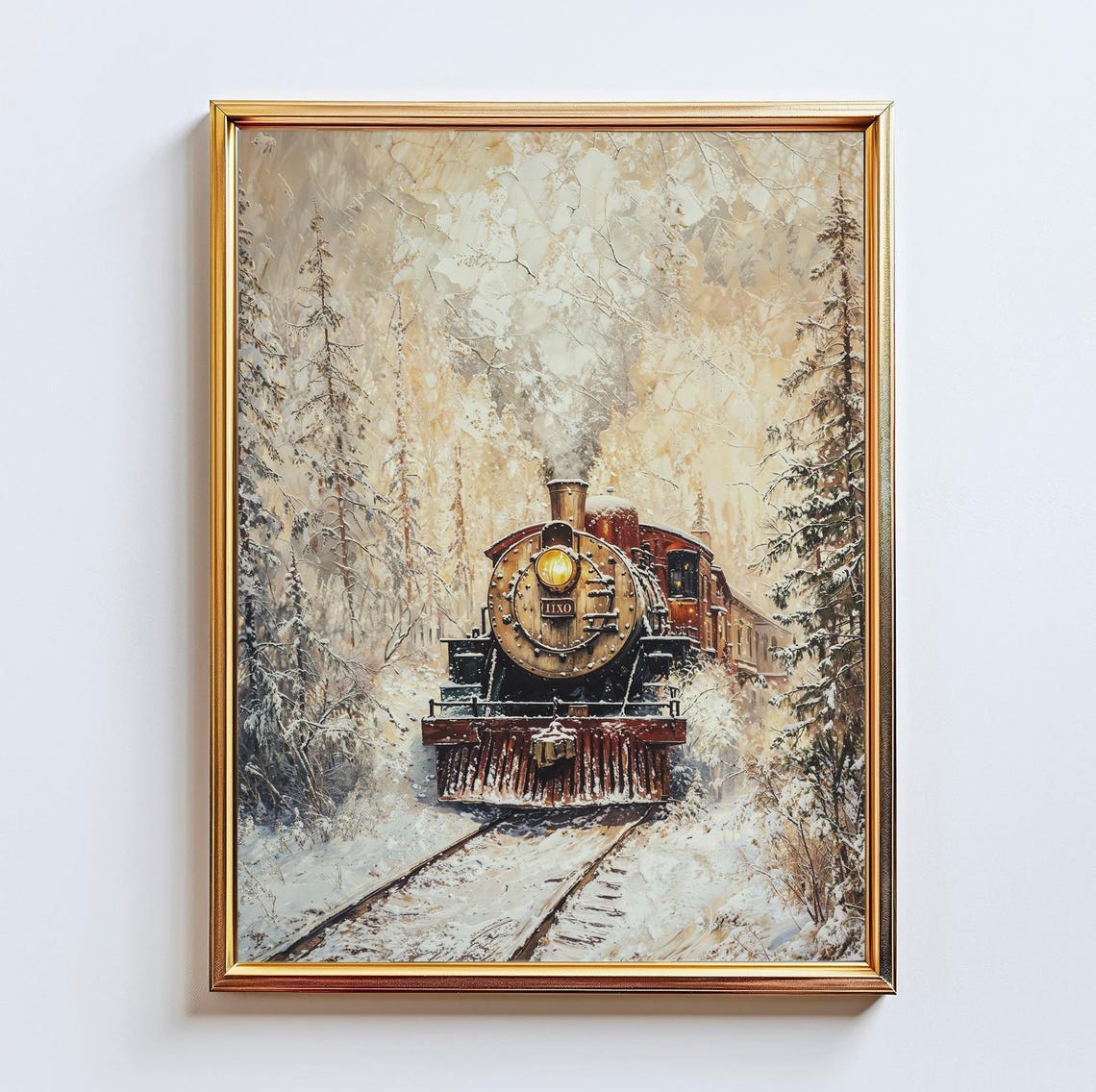 Vintage Winter Steam Train Snowy Forest Impasto Railroad Poster