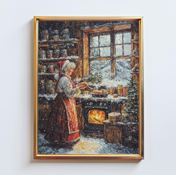 Cozy Snowy Kitchen Christmas Baking Scene Holiday Decor Poster