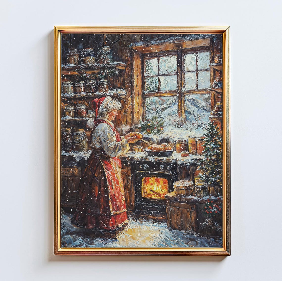 Cozy Snowy Kitchen Christmas Baking Scene Holiday Decor Poster
