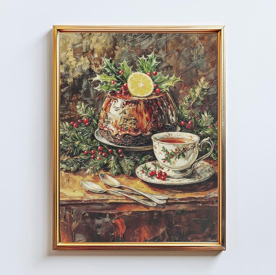 Christmas Pudding Tea Cup Holly Vintage Old World Holiday Art Poster