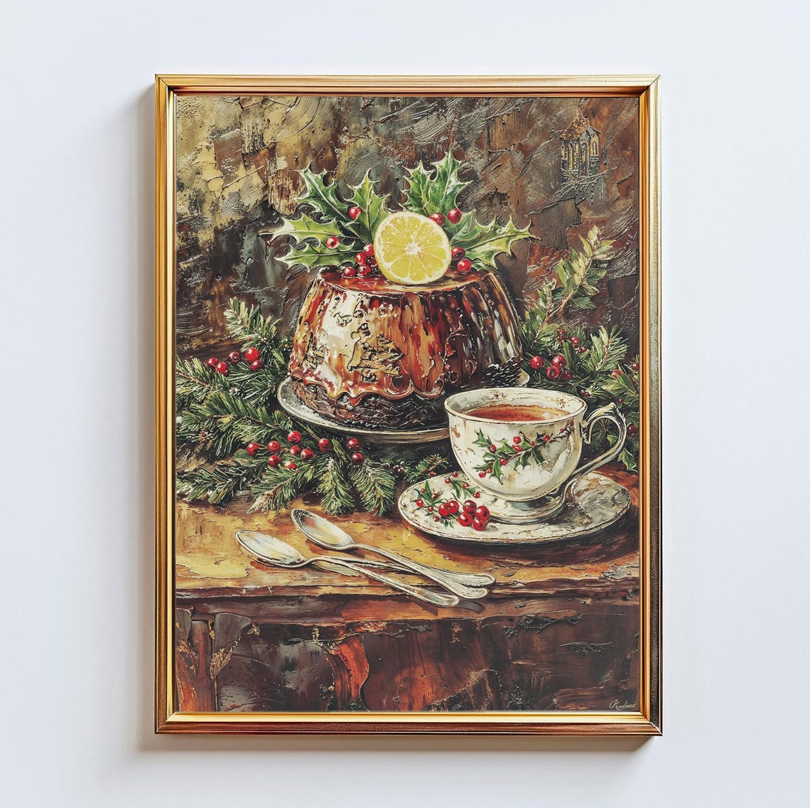 Christmas Pudding Tea Cup Holly Vintage Old World Holiday Art Poster