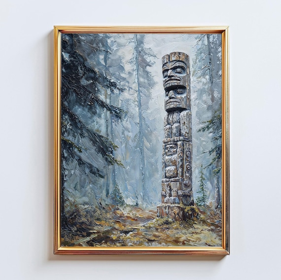Totem Pole In Misty Forest Pacific Northwest Heritage Oil Painting Poster