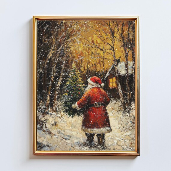 Santa Carrying Christmas Tree Snowy Woods Night Oil Art Poster