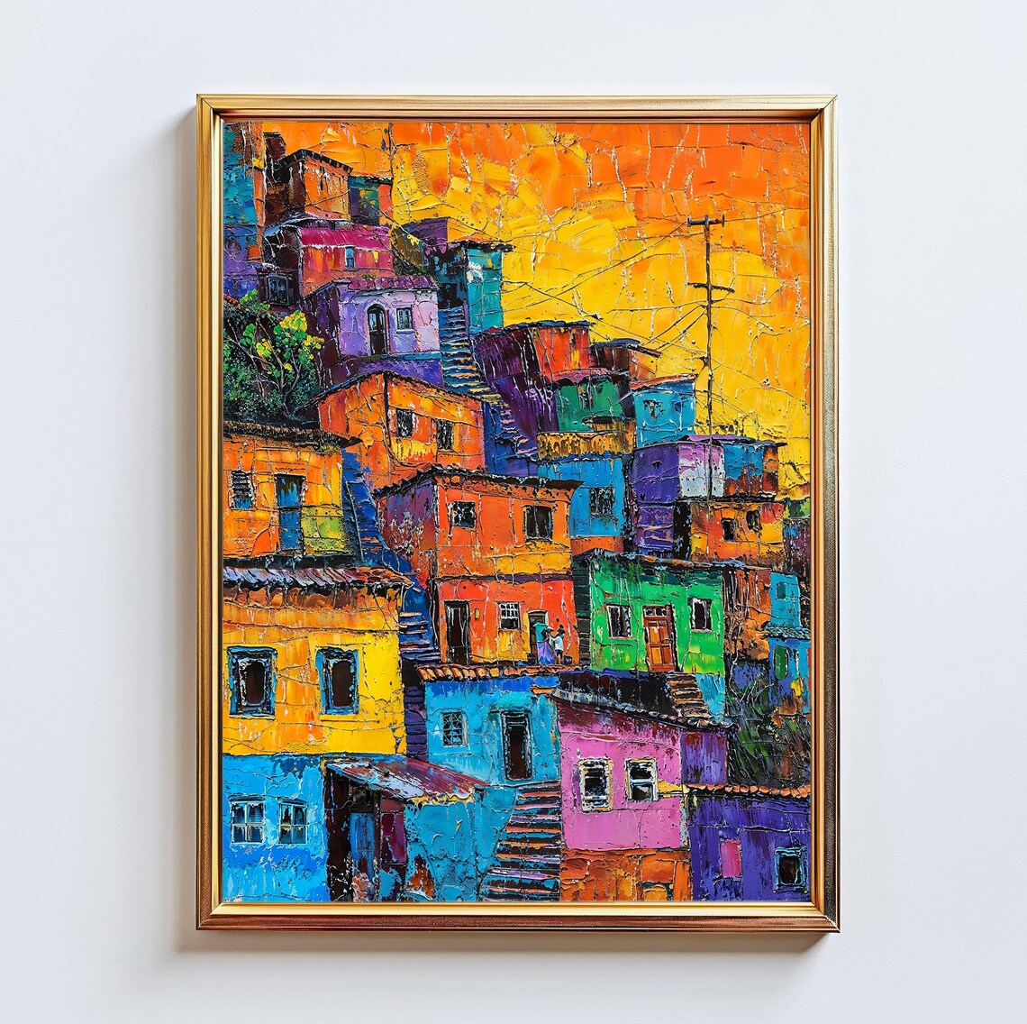Colorful Brazilian Favela Hillside Houses Impasto Oil Painting Wall Art