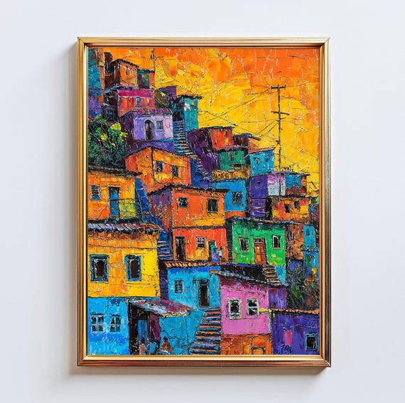 Brazil Colorful Favela Painting Rio De Janeiro Latin America Impasto Wall Art