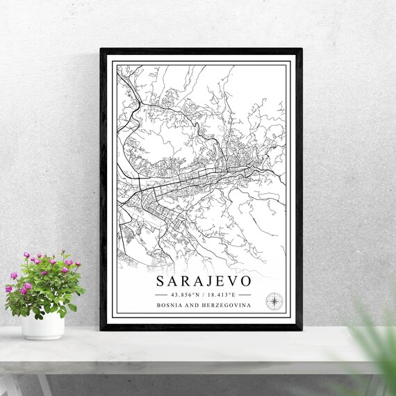 Sarajevo Bosnia City Map Poster, Black and White Minimalist Travel Gift