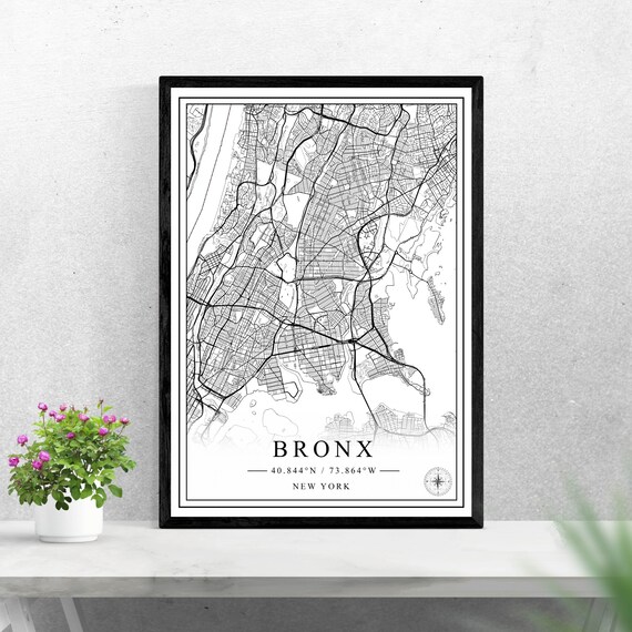 Bronx New York Minimalist Black and White Borough Map Wall Art