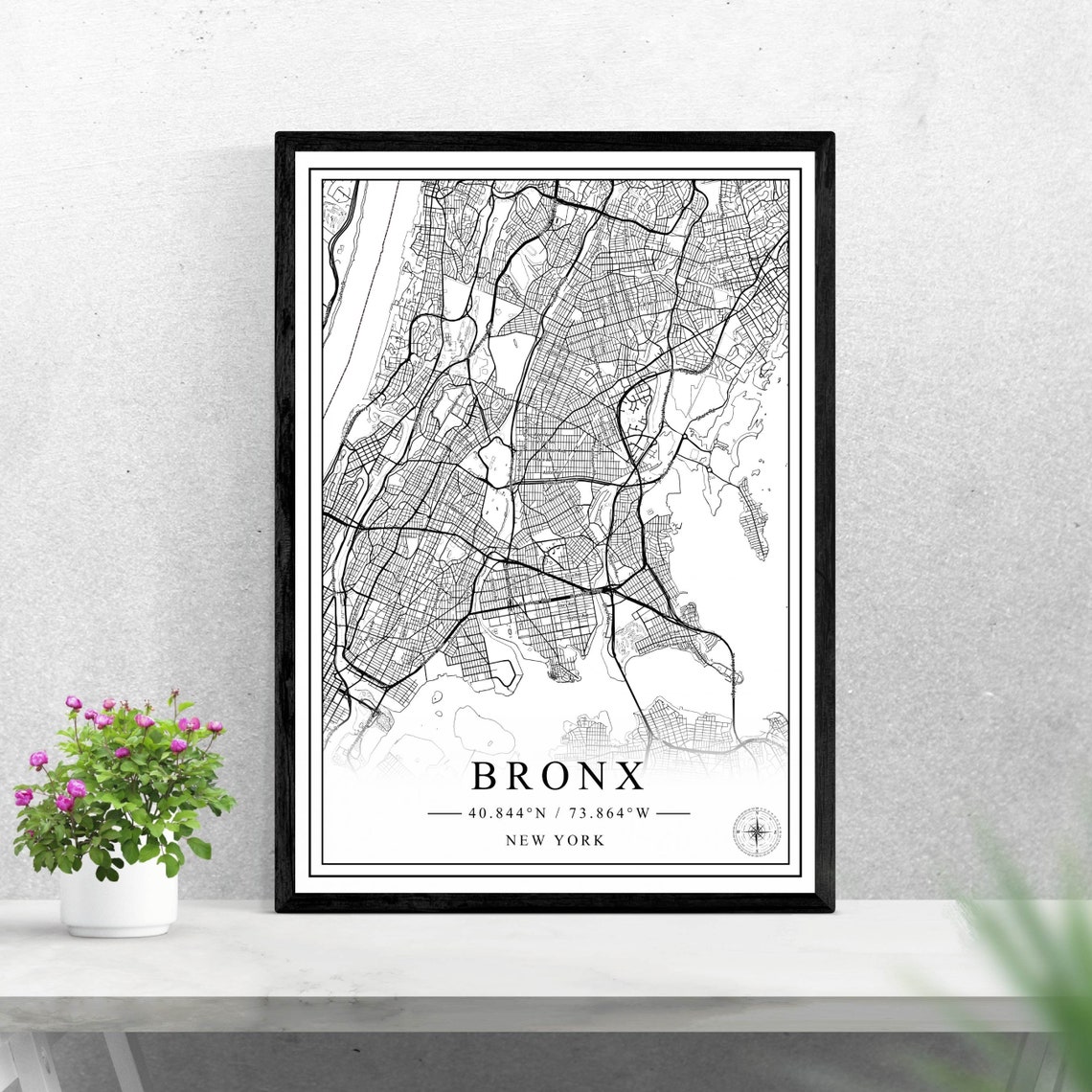 Bronx New York Minimalist Black and White Borough Map Wall Art