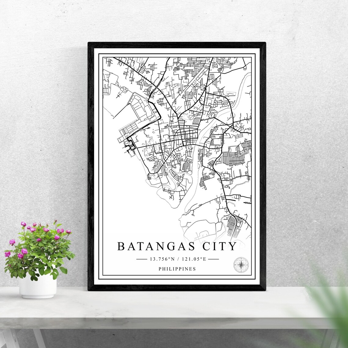 Batangas City Philippines Street Map Black White Art Poster Gift