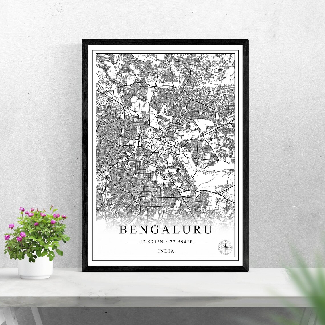Bengaluru India Black and White Detailed City Street Map Art Poster