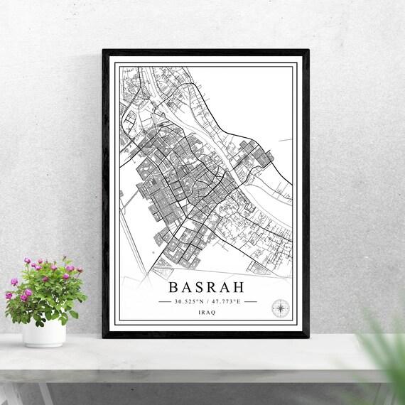 Basrah Iraq Minimalist Black and White City Street Map Wall Art