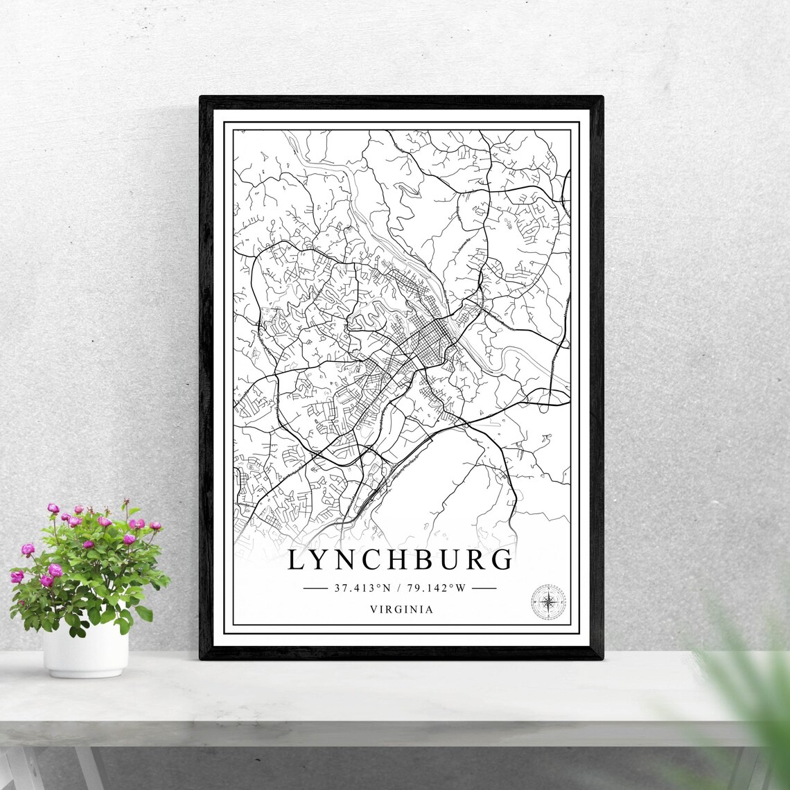 Lynchburg Virginia Minimalist Black And White City Map Street Art Poster