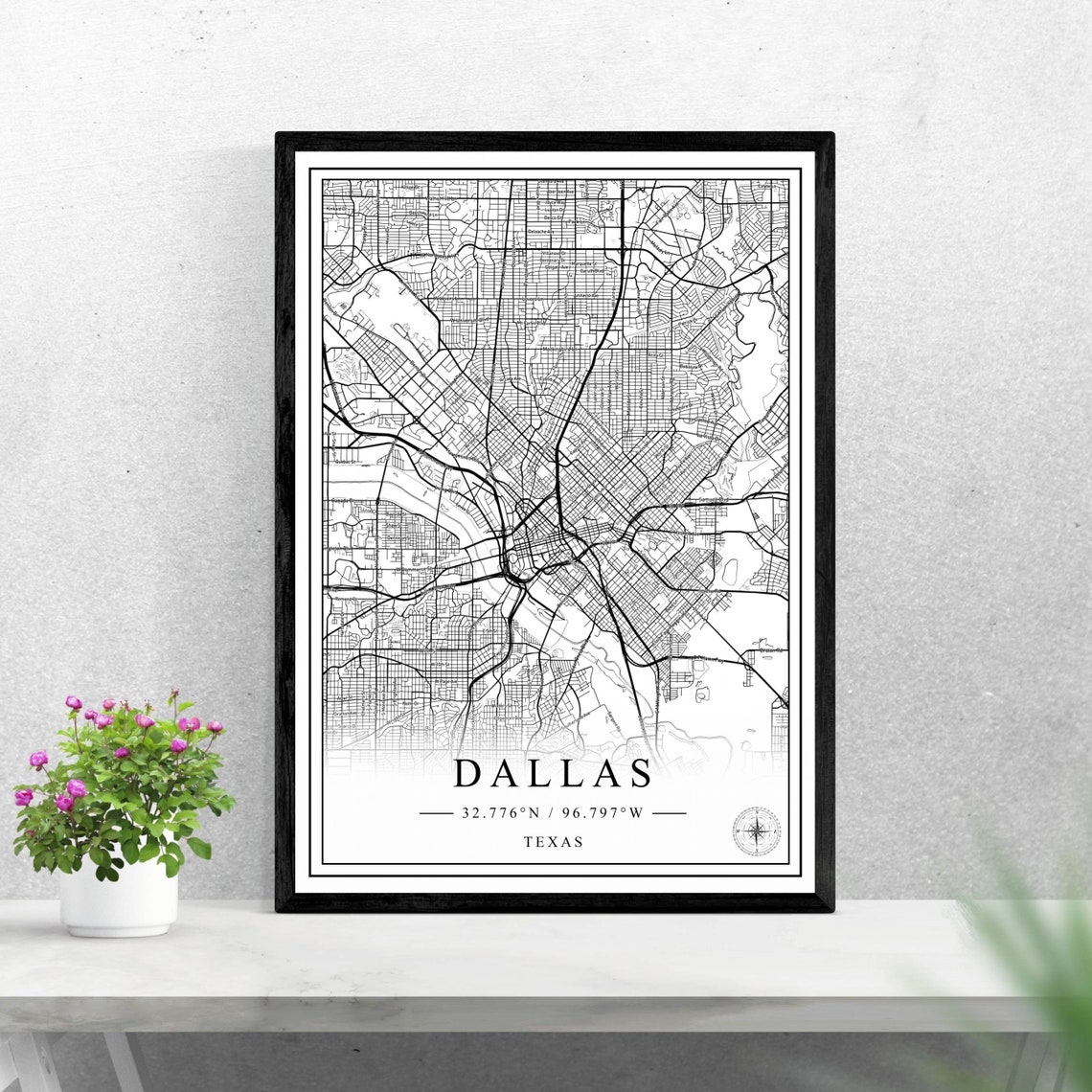 Dallas Texas City Map Minimalist Black And White Wall Art Piece