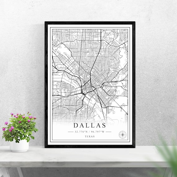 Dallas Texas City Map Minimalist Black And White Wall Art Piece