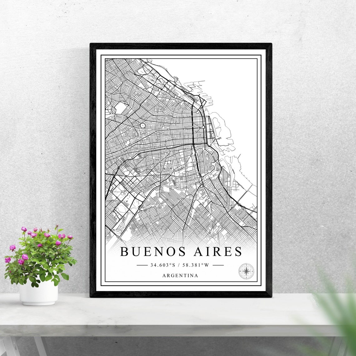 Buenos Aires Argentina Black And White Minimalist Street Map Wall Art