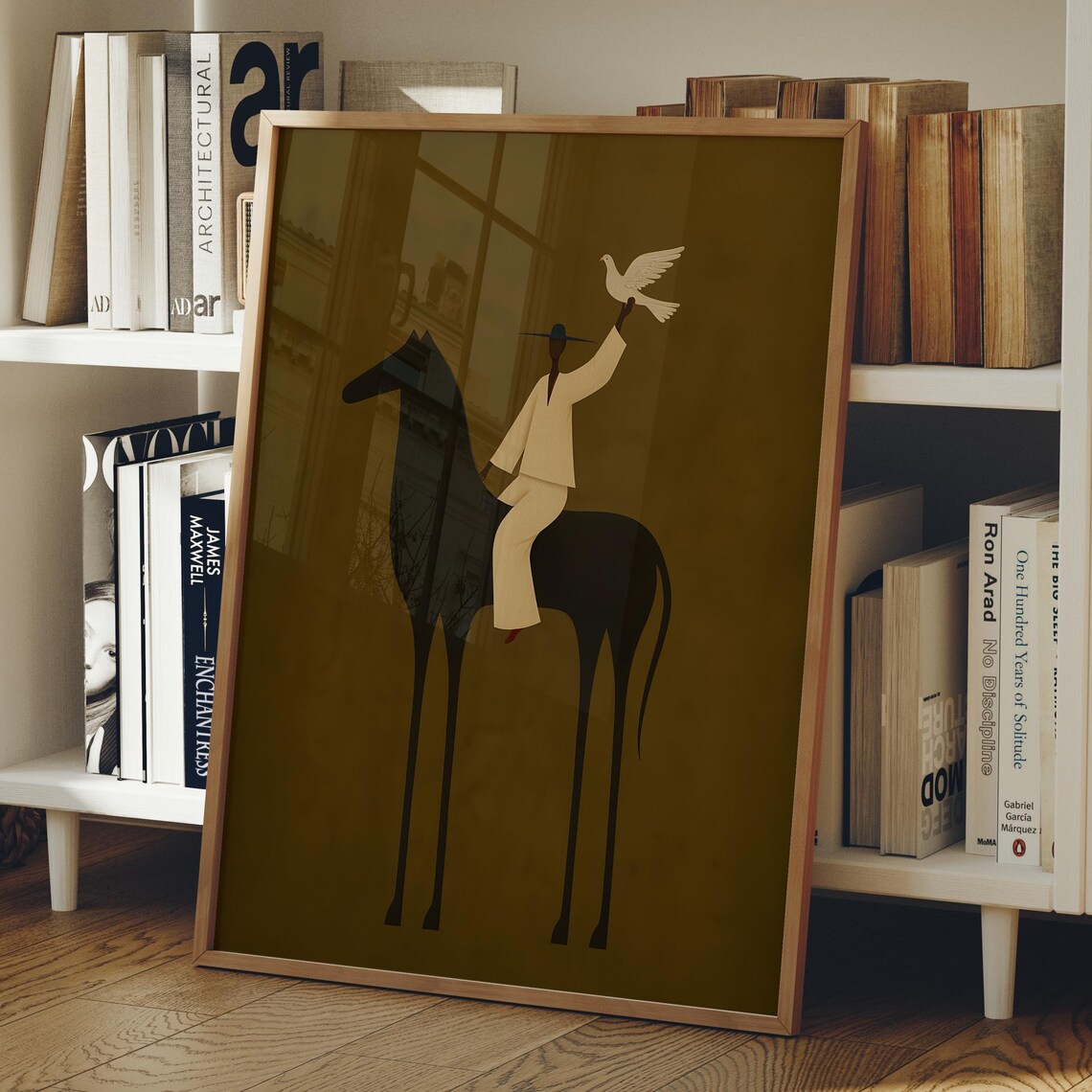 Minimalist Cowboy On Black Horse With White Dove Western Poster