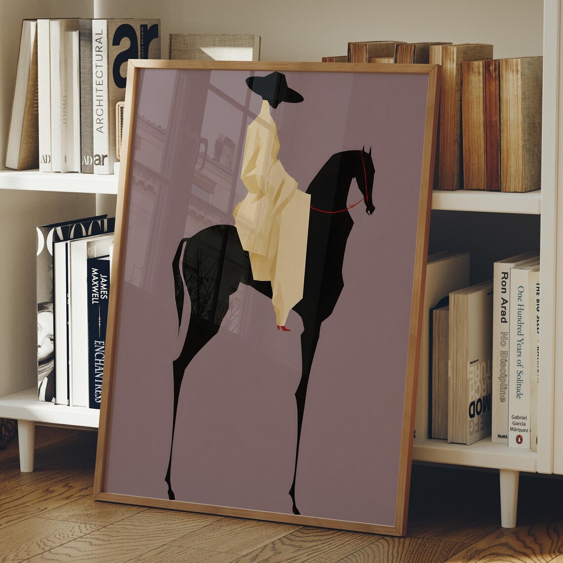 Woman in Cream Dress Riding Black Horse Mauve Modern Art Print