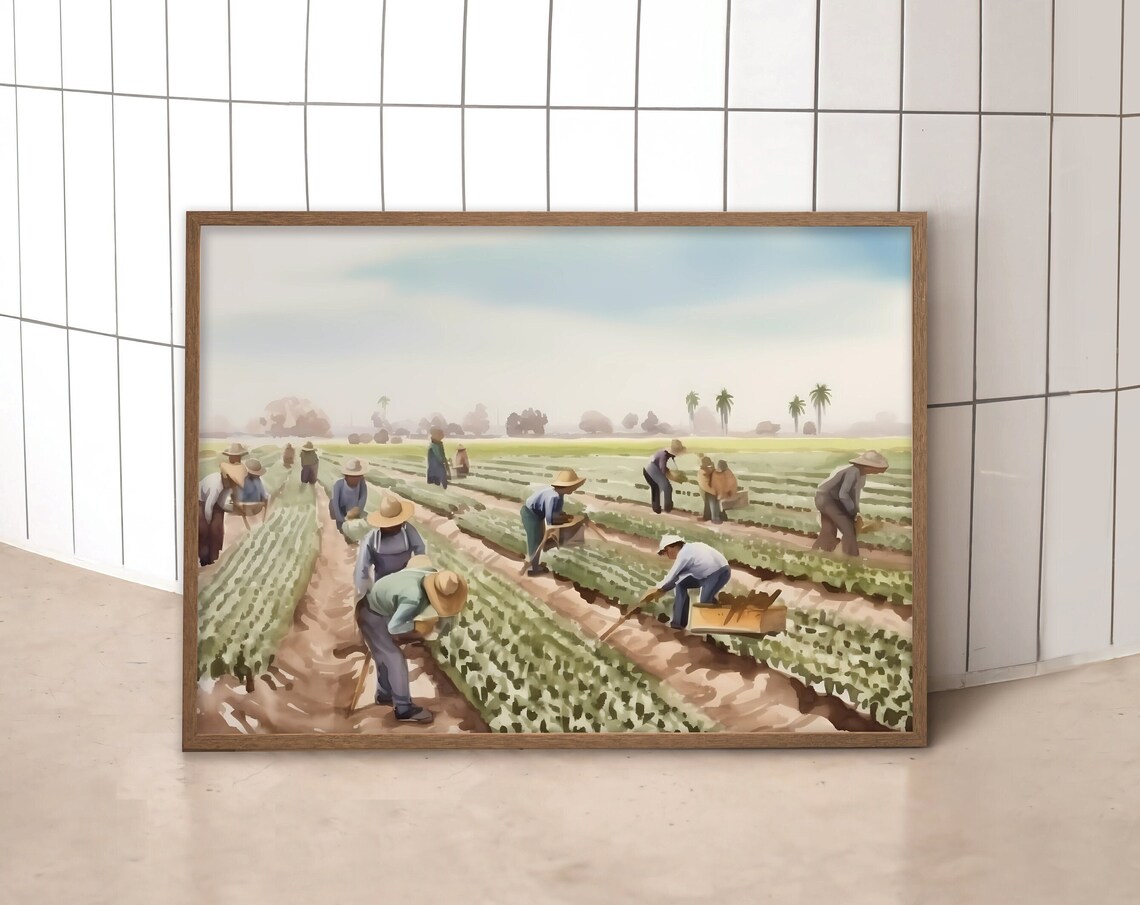 El Campo Farm Workers Watercolor Green Field Landscape Poster