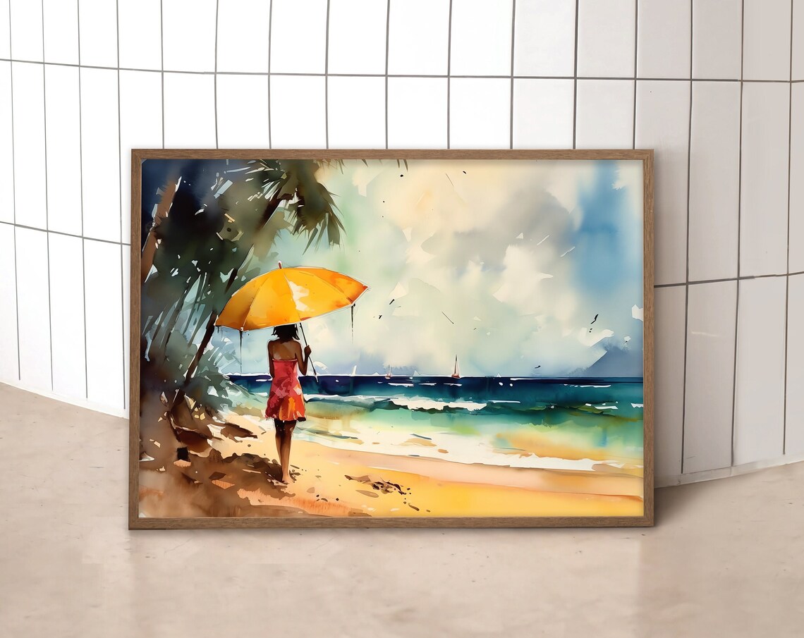 Woman With Yellow Umbrella On Beach Watercolor Seaside Art Print