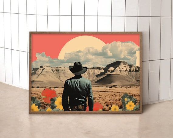 Western Cowboy Art Print Desert Landscape Collage