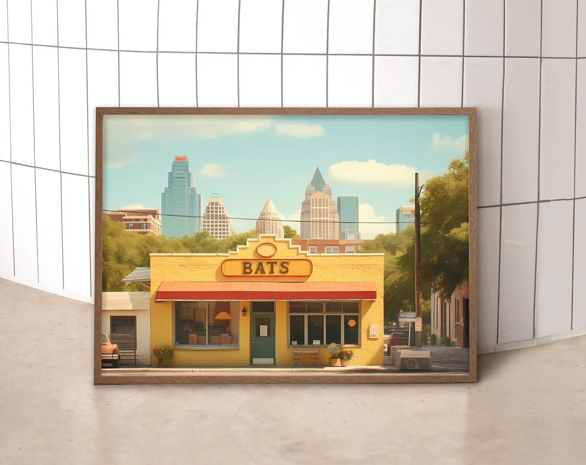 Bats Yellow Storefront Austin Texas Skyline Retro Travel Poster