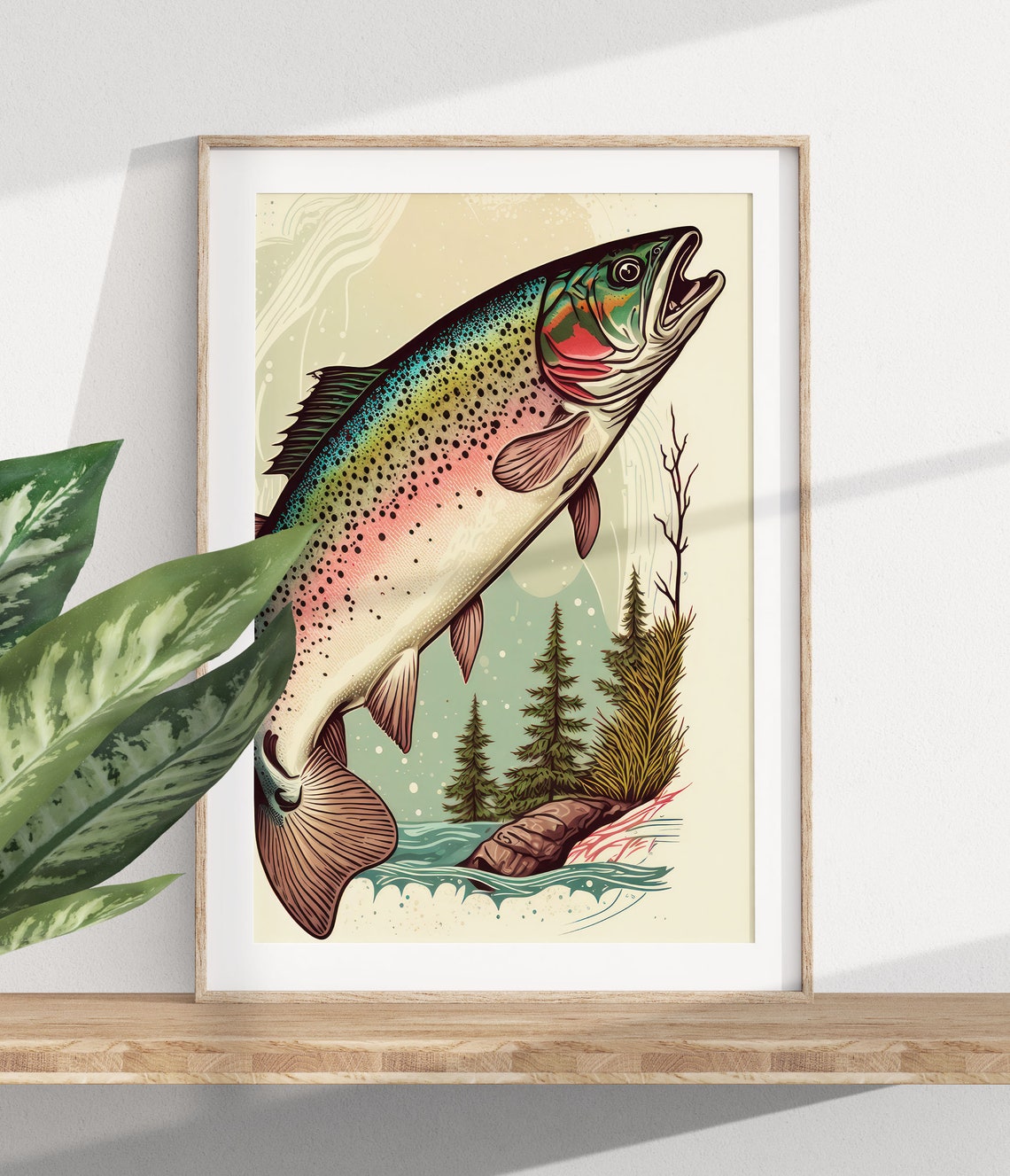 Rainbow Trout Leaping Wild River Pines Vintage Fishing Scene Poster - Image 2