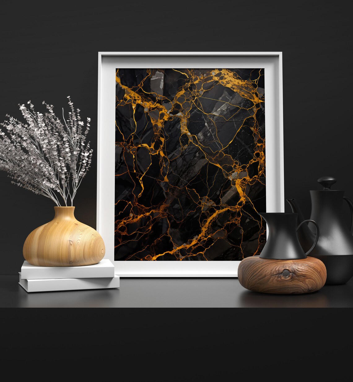 Black And Gold Marble Abstract Kintsugi Veins Modern Wall Art - Image 2