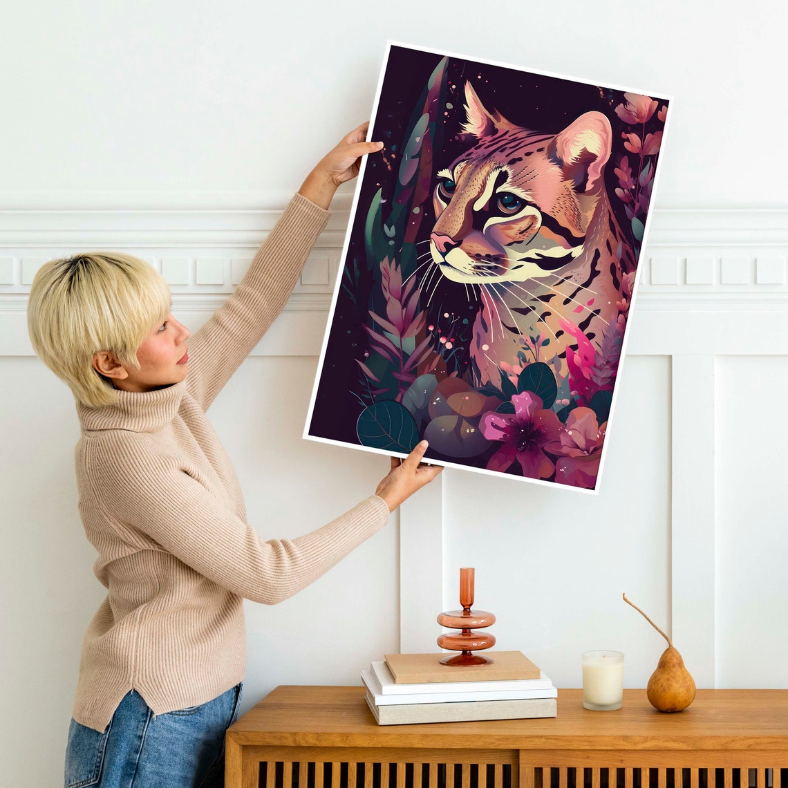 Ocelot Close Up With Neon Jungle Flowers Night Wildlife Poster - Image 2