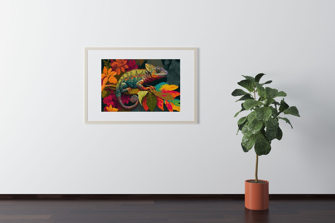 Colorful Chameleon Perched Among Tropical Blossoms Art Poster - Image 2