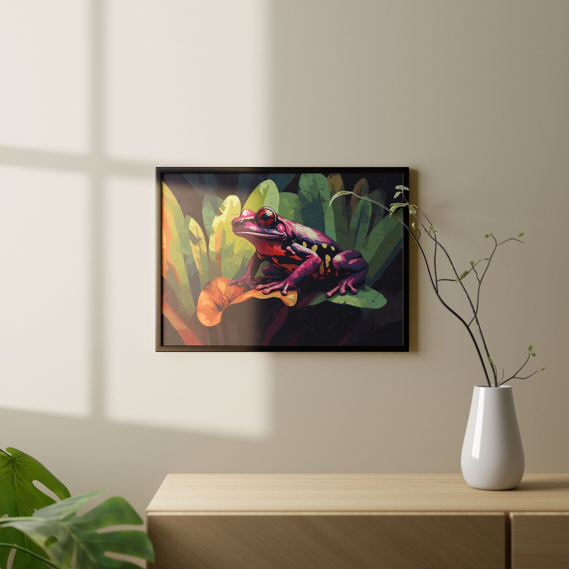 Vivid Magenta Tree Frog Resting on Lush Leaf Jungle Art Poster - Image 2