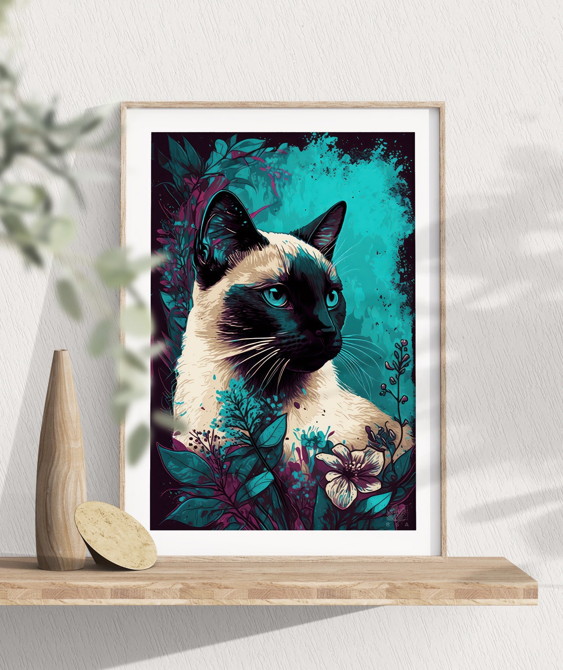 Siamese Cat Portrait Blue Eyes Teal Floral Jungle Art Poster - Image 3