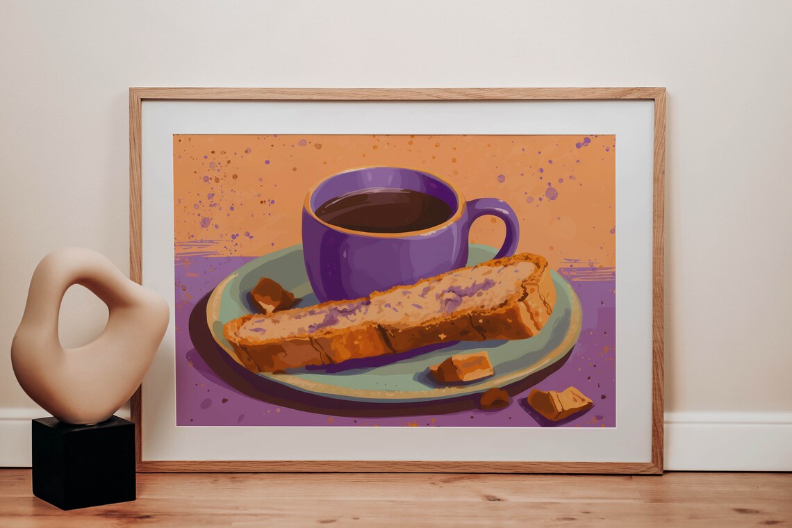 Purple Coffee Cup with Biscotti Colorful Modern Kitchen Art Poster