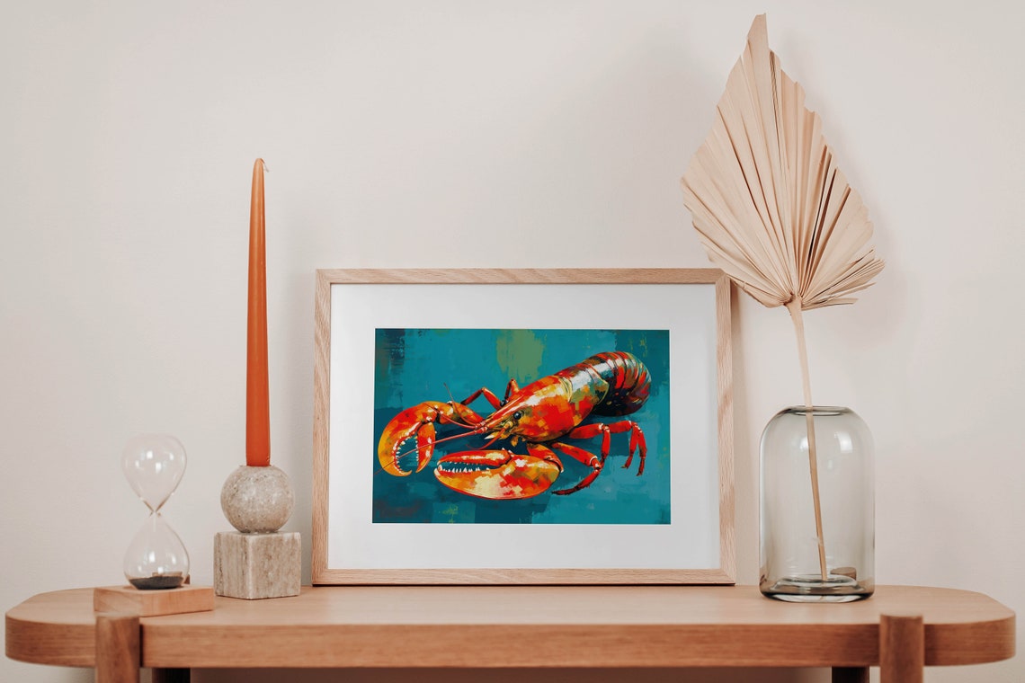 Red Lobster Oil Painting Poster Teal Background Coastal Kitchen Art - Image 2