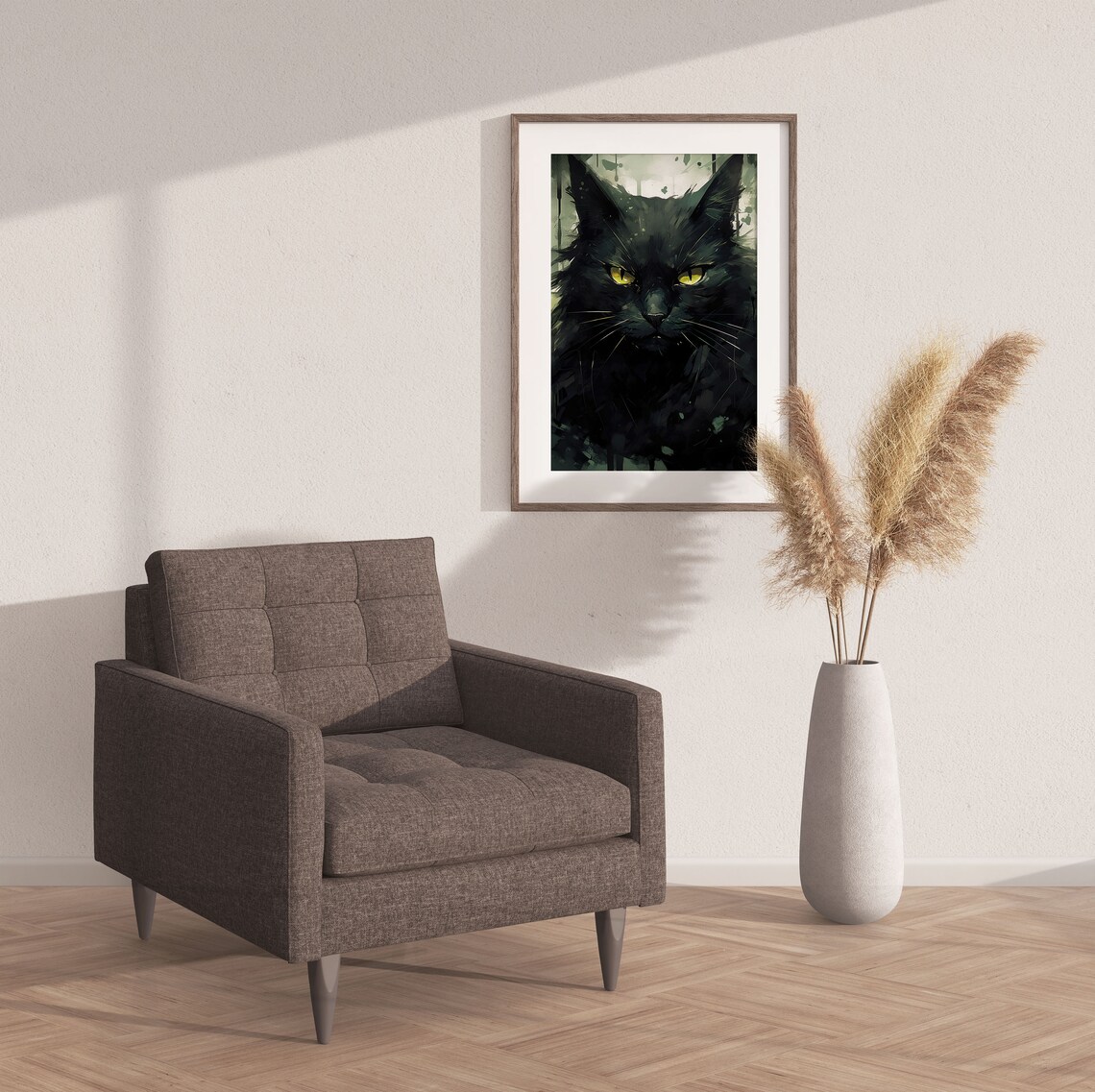 Black Cat Intense Yellow Eyes Moody Watercolor Portrait Poster - Image 2