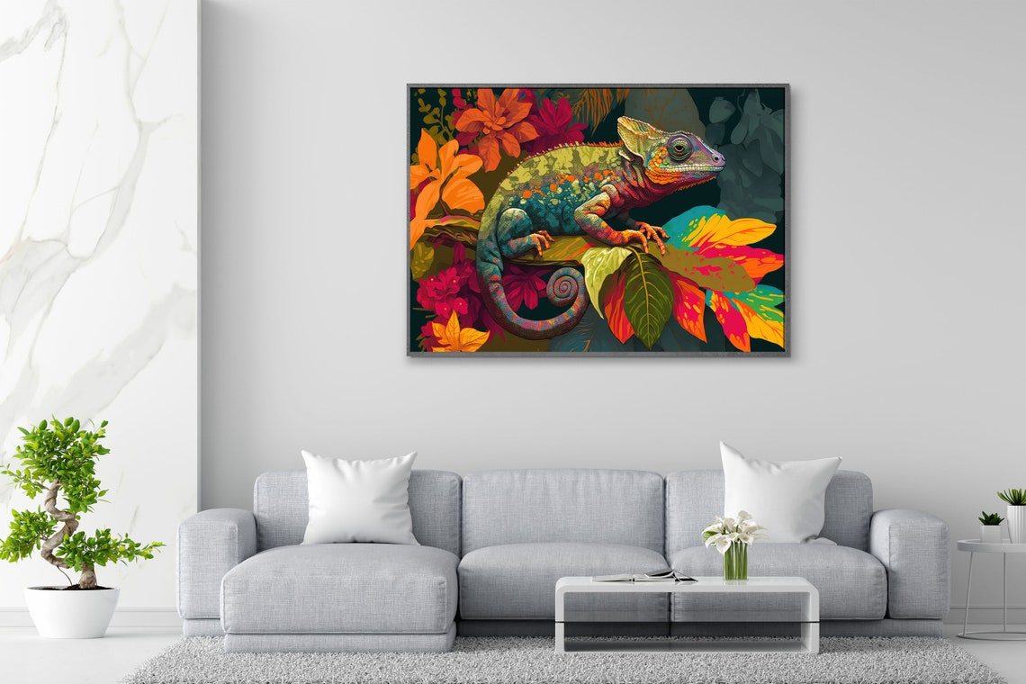 Colorful Chameleon Perched Among Tropical Blossoms Art Poster - Image 3