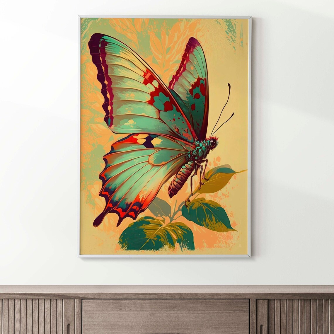 Green Butterfly Poster Red Edged Wings Cream Botanical Vintage Art - Image 3