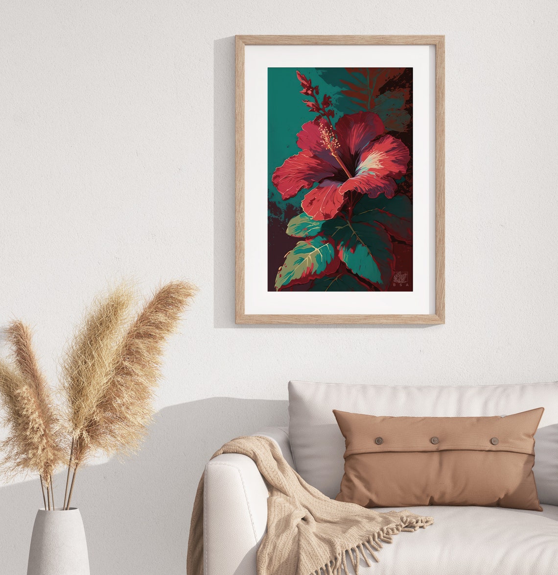 Red Hibiscus Tropical Flower Bloom Teal Botanical Art Poster - Image 3