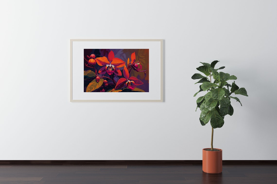 Orange Orchid Blossoms On Dark Purple Tropical Floral Poster - Image 2
