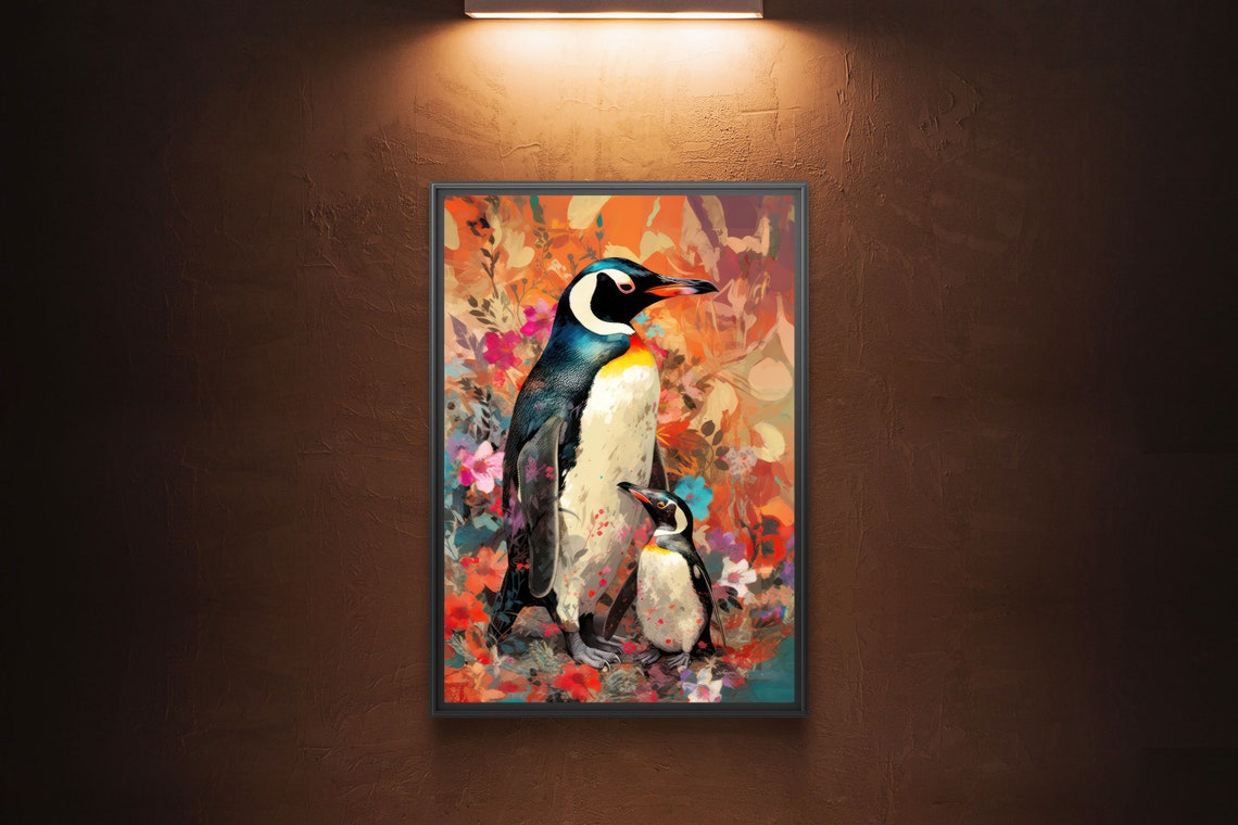 Gentoo Penguins Pair Poster Floral Garden Impressionist Bird Decor