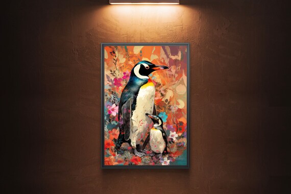 Gentoo Penguins Pair Poster Floral Garden Impressionist Bird Decor
