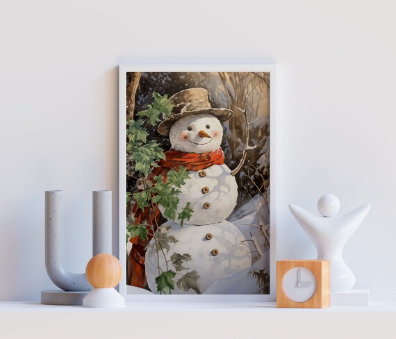 Vintage Snowman With Red Scarf Winter Forest Watercolor Poster