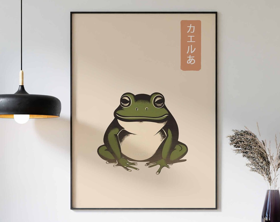Japanese Frog Woodblock Style Sleepy Eyed Green Frog Art Poster