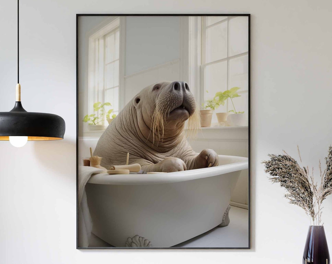 Chubby Walrus Enjoying a Spa Bath in a Tub Funny Bathroom Poster