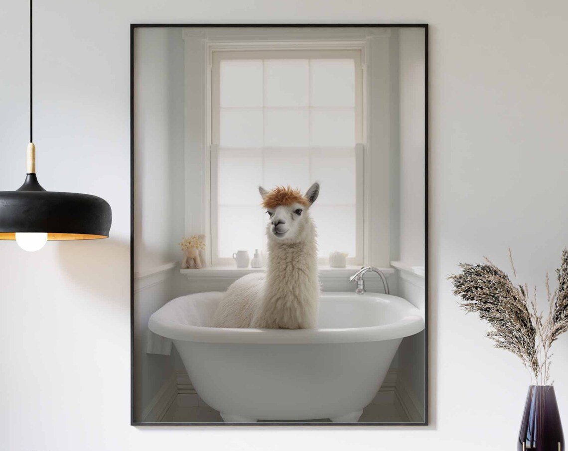 Llama In Tub Bathroom Art Print, Funny Animal