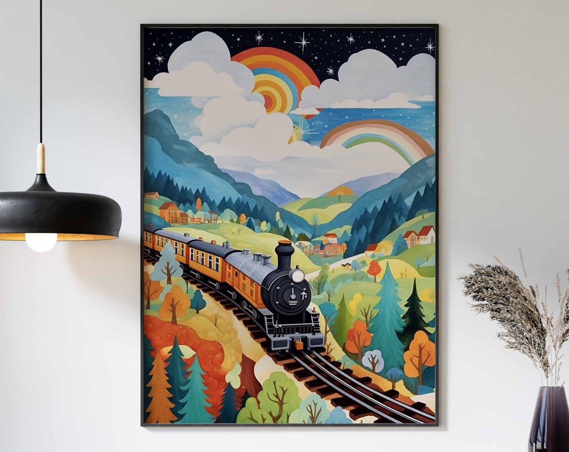 Steam Train Night Autumn Mountains Double Rainbow Starry Poster